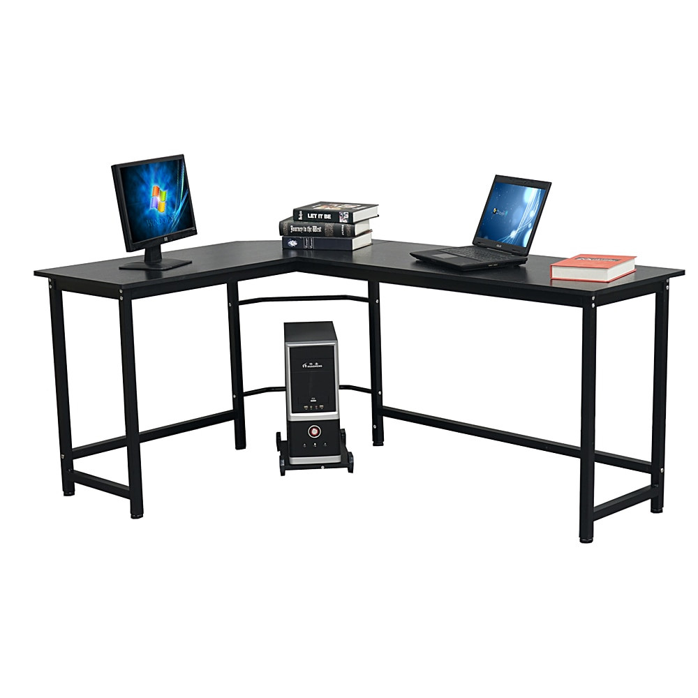 L-shaped desk with two workstations and a CPU tower